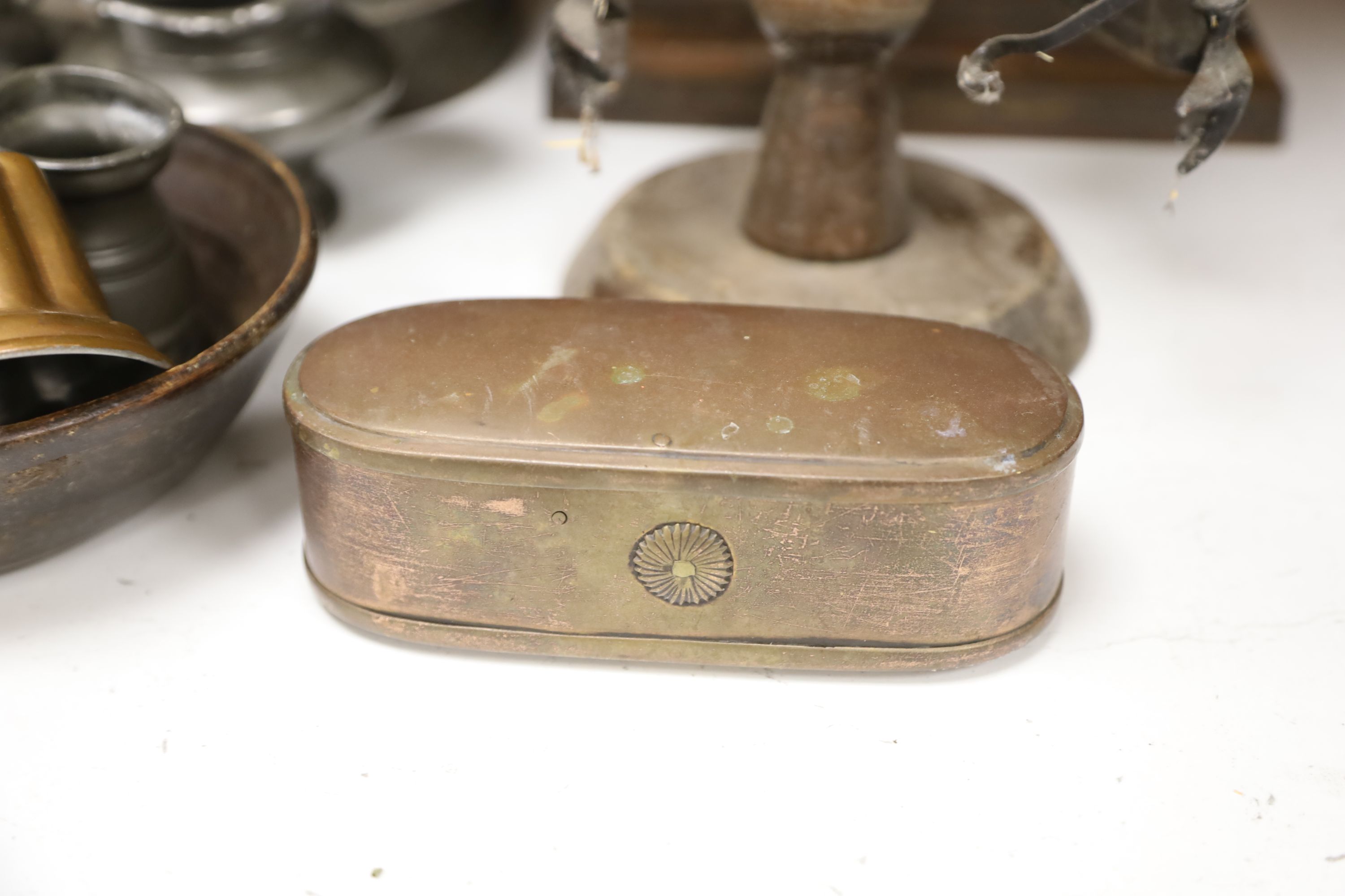 Assorted metalware including a copper tobacco box, a miniature jelly mould, etc